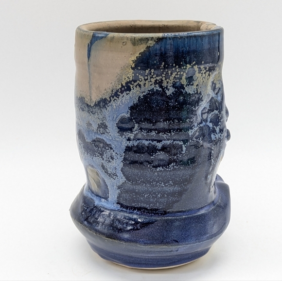 Handmade Tan Blue Glazed Earthenware Ceramic Abstract Mug Vase - Picture 2 of 11